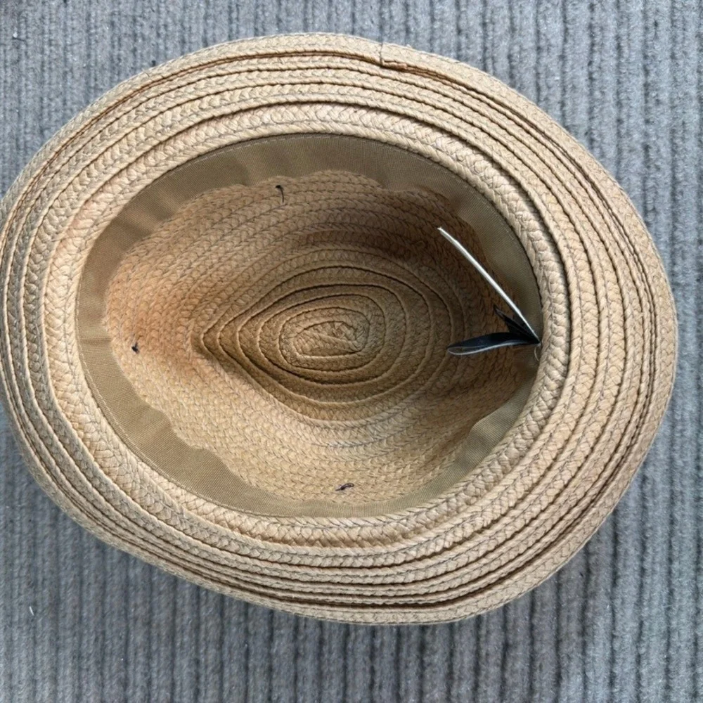 Ann Taylor Factory Straw Fedora Hat Tan Tropical Leaf Print Band Summer Sun Hat